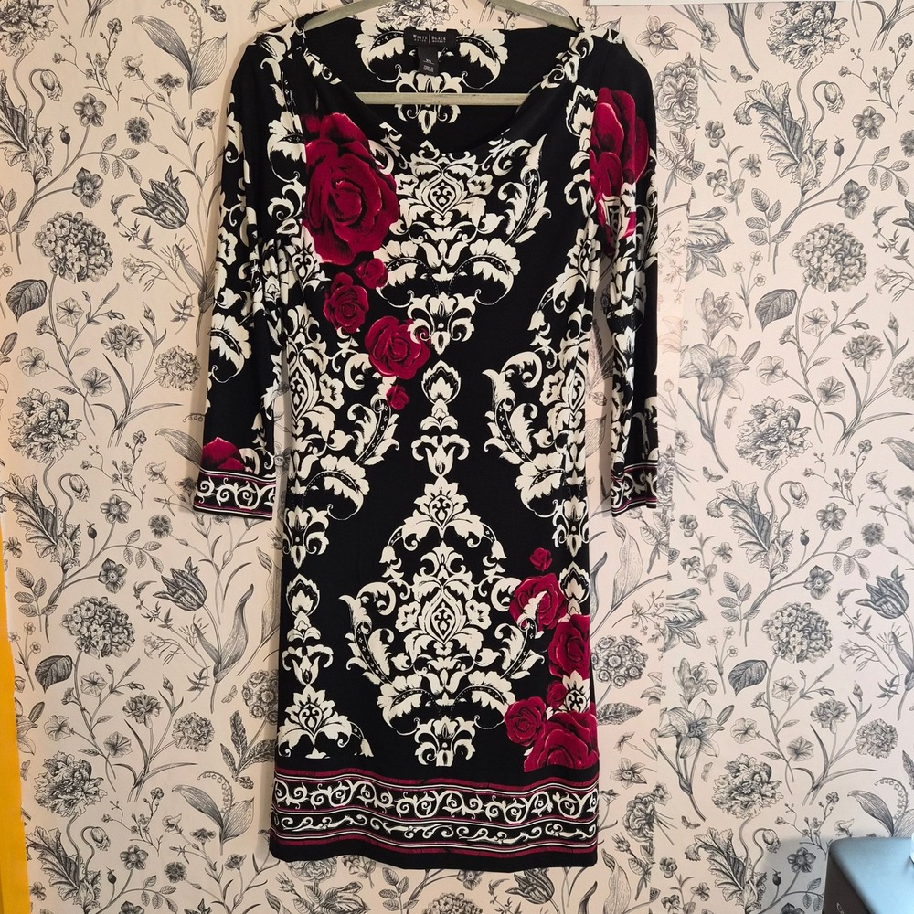 White House Black Market Baroque Damask Rose Jersey Sheath Dress XS Whimsigoth